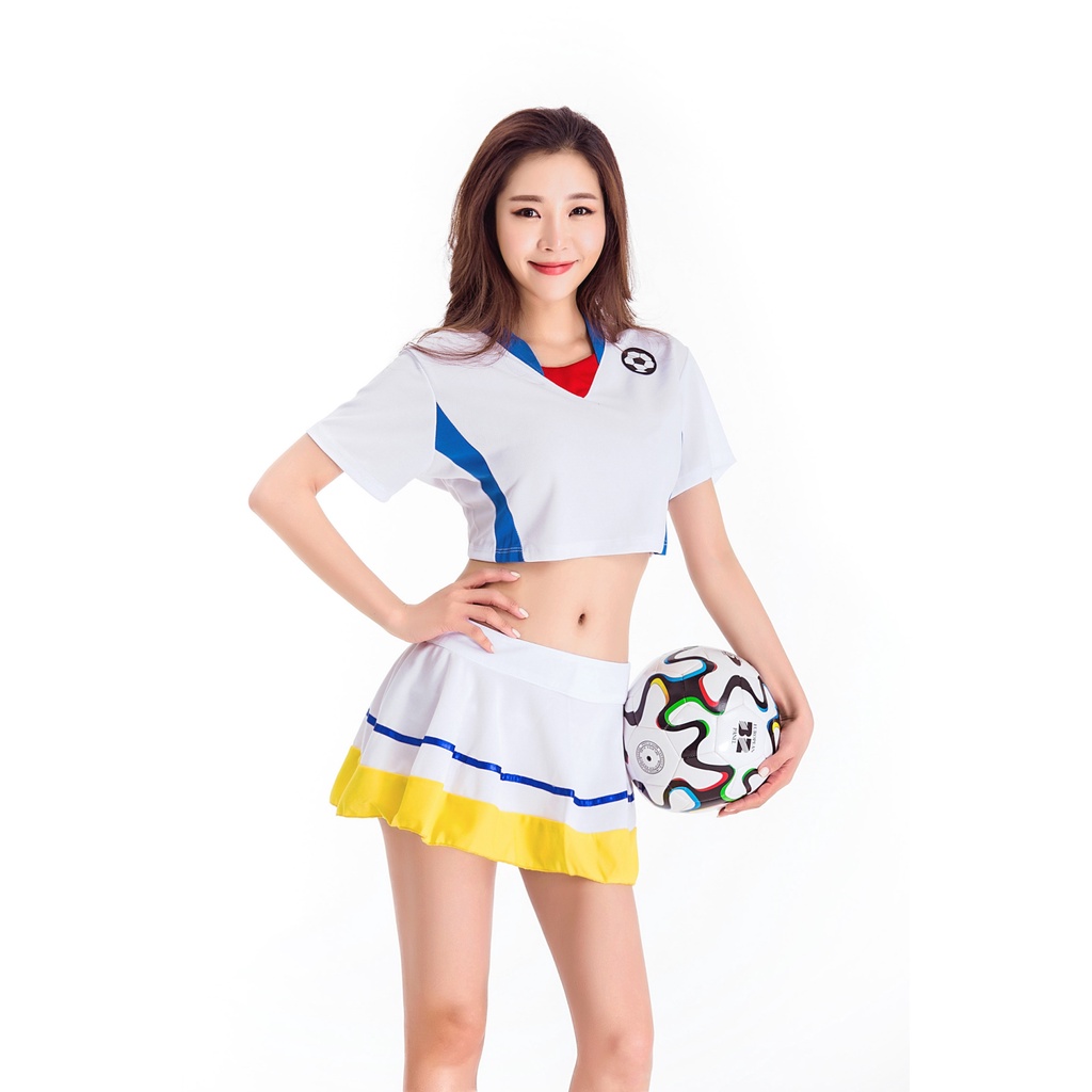 ชุดเชียร์กีฬา เชียร์บอล เสื้อเอวลอยสีขาว กระโปรงย้วย แต่งขลิบเหลือง