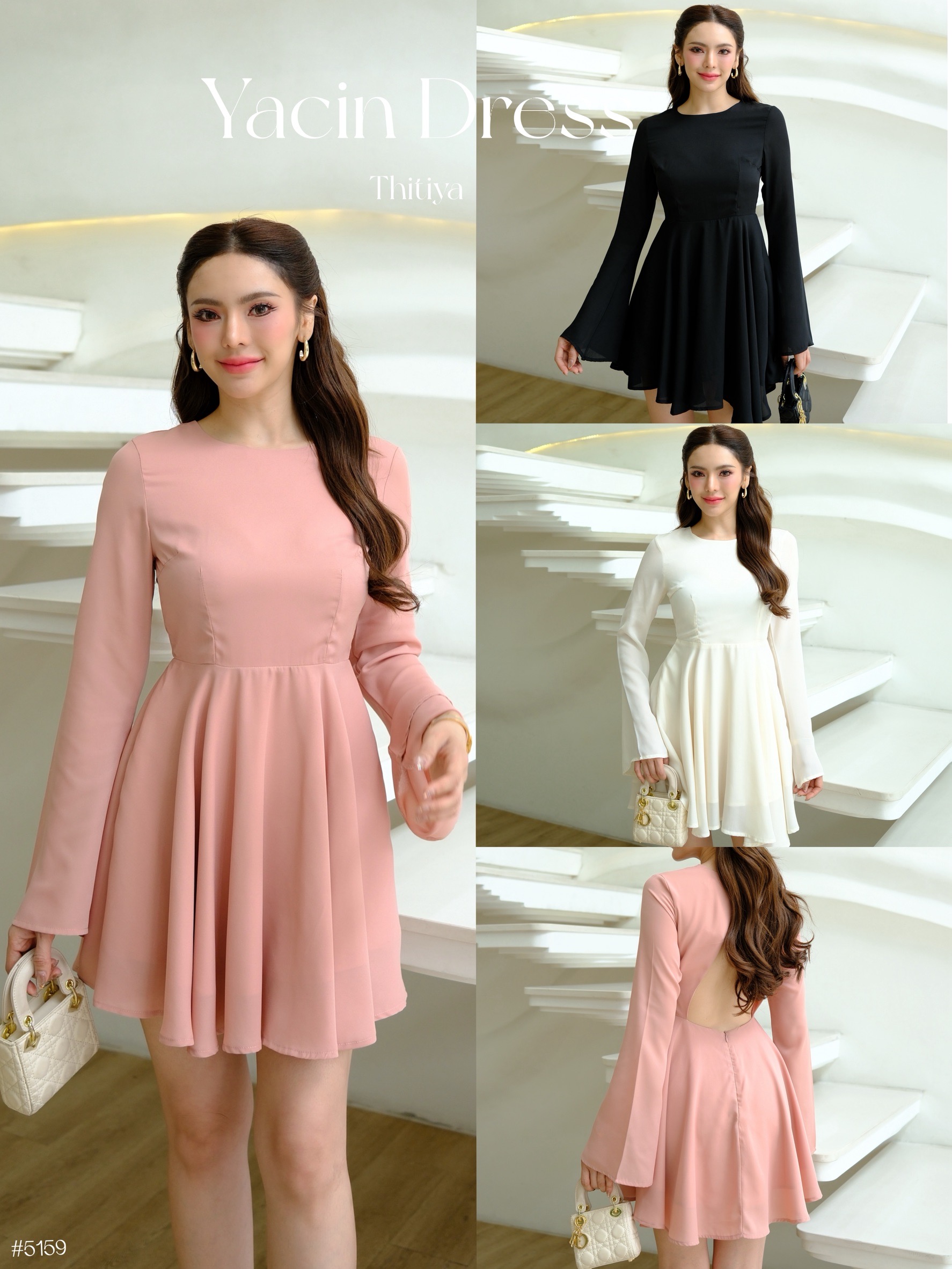 #5159 Yacin Dress เดรสสั้นแขนยาวทรงพริ้ว เนื้อผ้าชีฟองพรีเมี่ยมนิ่มสบาย ซับในทั้งตัวยกเว้นช่วงแขน thitiya