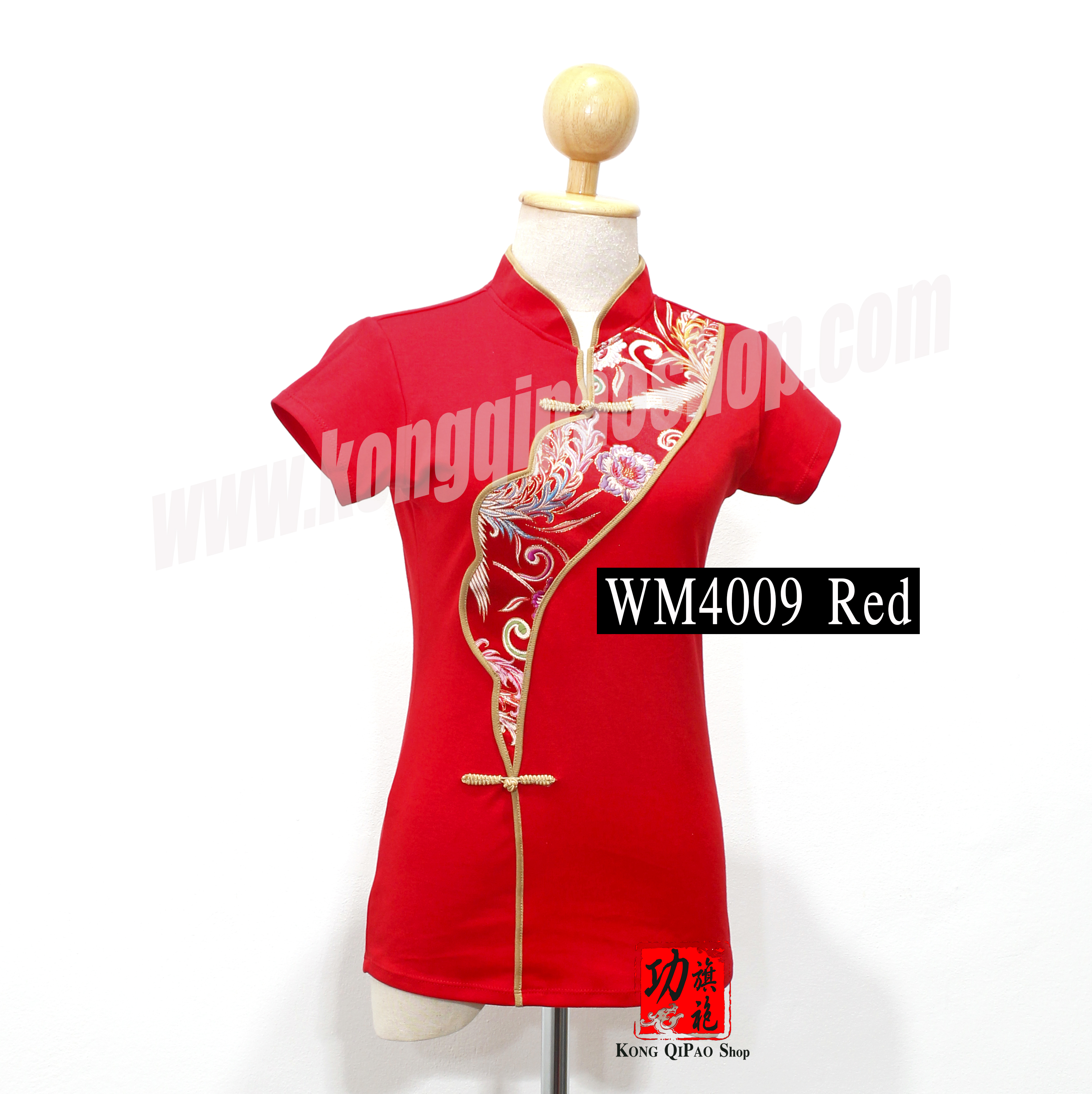 WM4009 เสื้อยืดคอจีนผู้หญิง ลายดอกโบตั๋นเฉียง 2