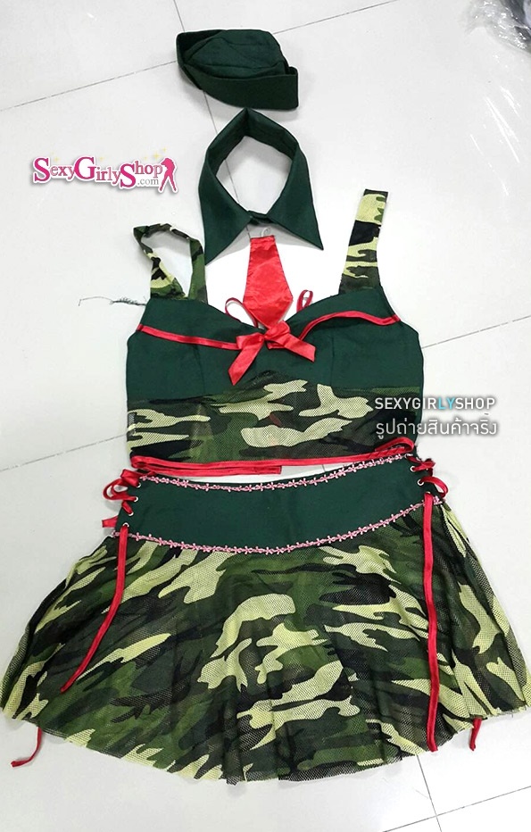 ชุดทหาร ชุดลายพราง อกเขียวตัดเส้นแดง มีไทด์+หมวก ชุดทหารเซ็กซี่