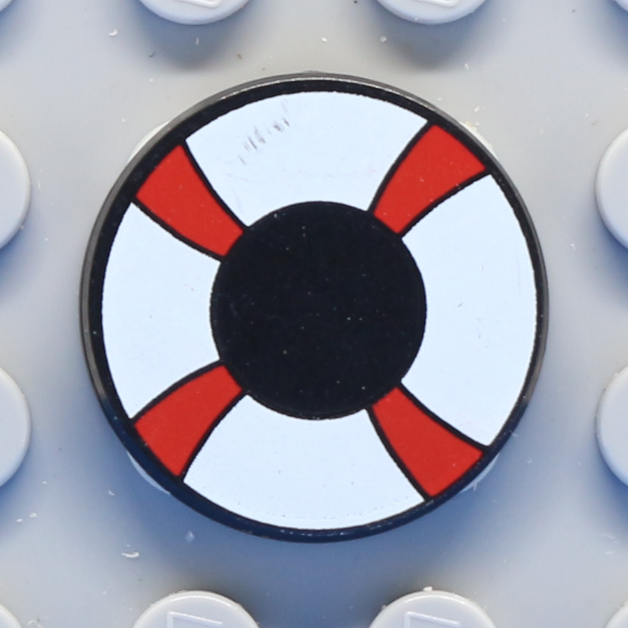 Tile, Round 2 x 2 with Red and White Life Preserver, Curved Bands Pattern