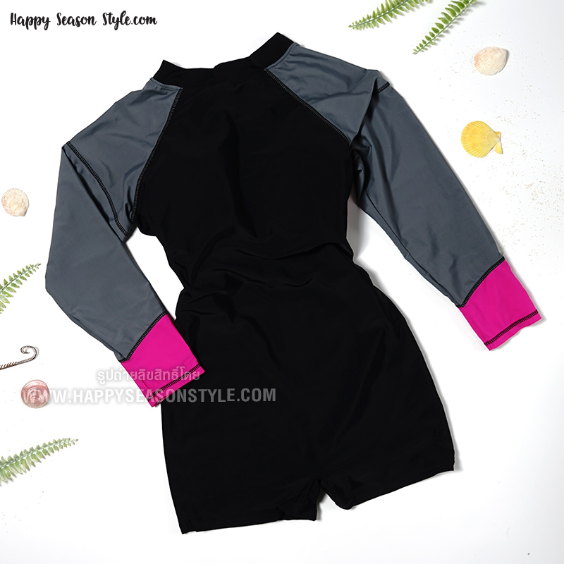ชุดว่ายน้ำ วันพีช แขนยาว ขาสั้น ซิปหน้า สีดำ-ชมพู (มีหลายสี)