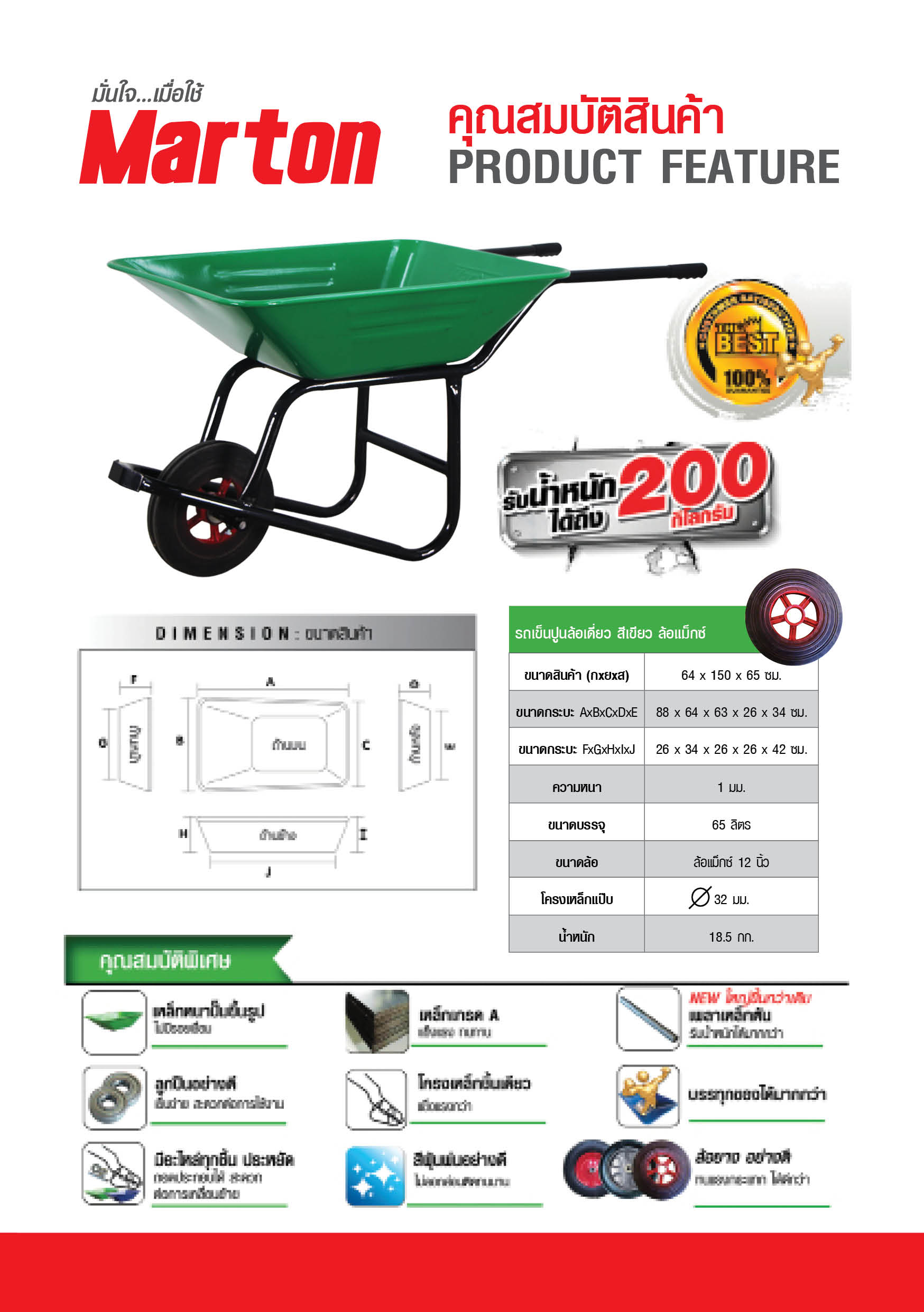 Marton รถเข็นปูนโครงเชื่อมกระบะเสียบล้อเดี่ยวแม็กซ์ (สีเขียว)