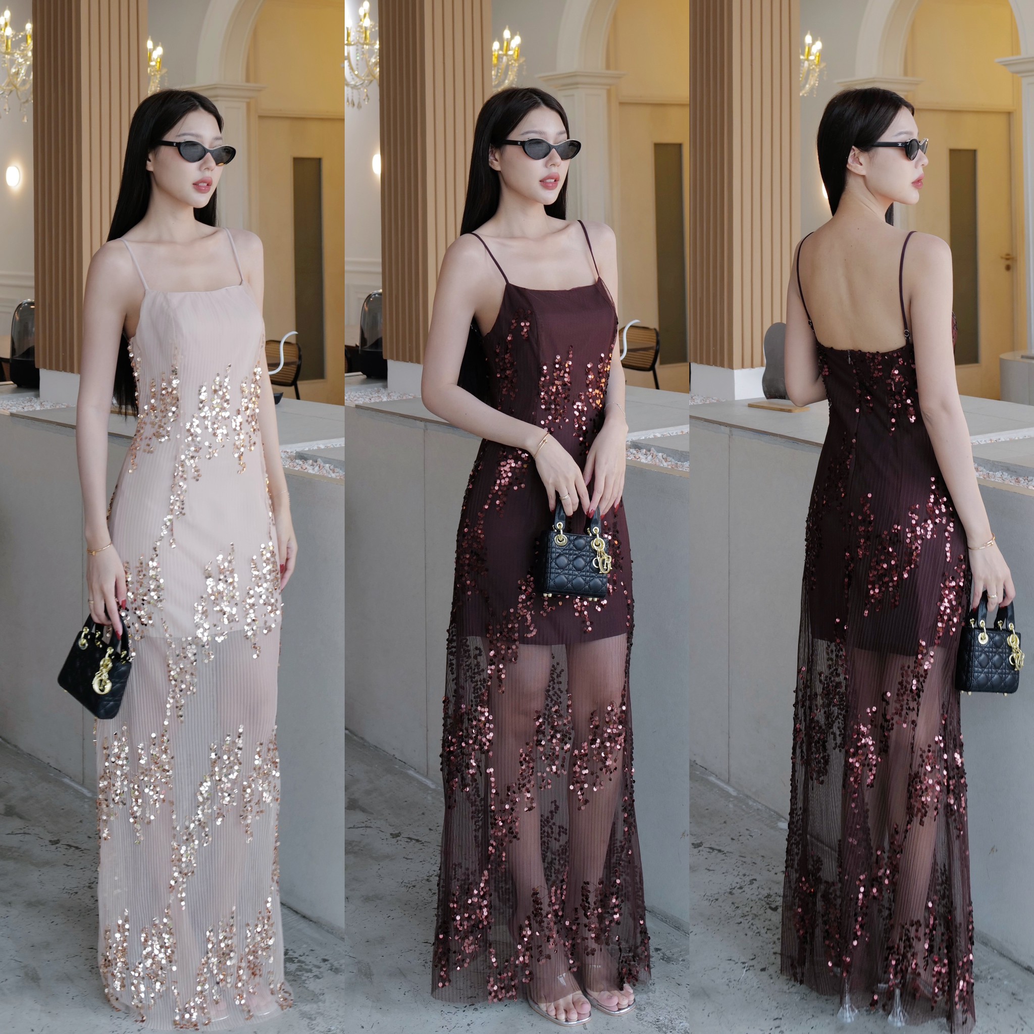 #5058#Eve เดรสสายเดี่ยวผ้า2ชั้น แต่งระบายชายเป็นผ้าชีทรูเก๋ๆ ชีทรูผ้าไม่คัน สายปรับได้