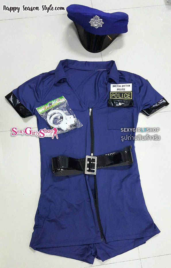 ชุดตำรวจเดรสกระโปรงพีทดำ พร้อม หมวก และกุญแจมือ