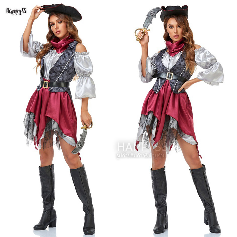 ชุดโจรสลัดหญิง ไหล่ปาดเสื้อกั๊กเทา สวยเท่สุดๆ พร้อมดาบ 🏍️💨ส่งไวจากไทย