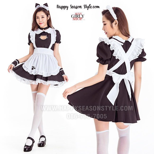 ชุดแฟนซี ชุดคอสเพลย์ ชุดเมด แม่บ้าน - maid ชุดสาวเสิร์ฟ ดำ หูแมว เจาะอกรูปแมว