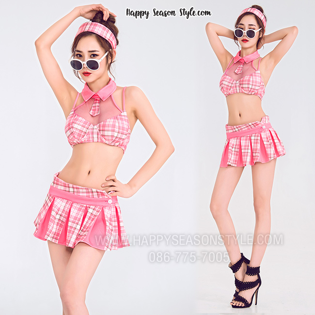 ชุดพีอาร์ พริตตี้ ทูพีช กระโปรงจีบรอบตัว แนววินเทจ เกาหลี สีชมพูลายสก๊อต พร้อมผ้าโพกหัว