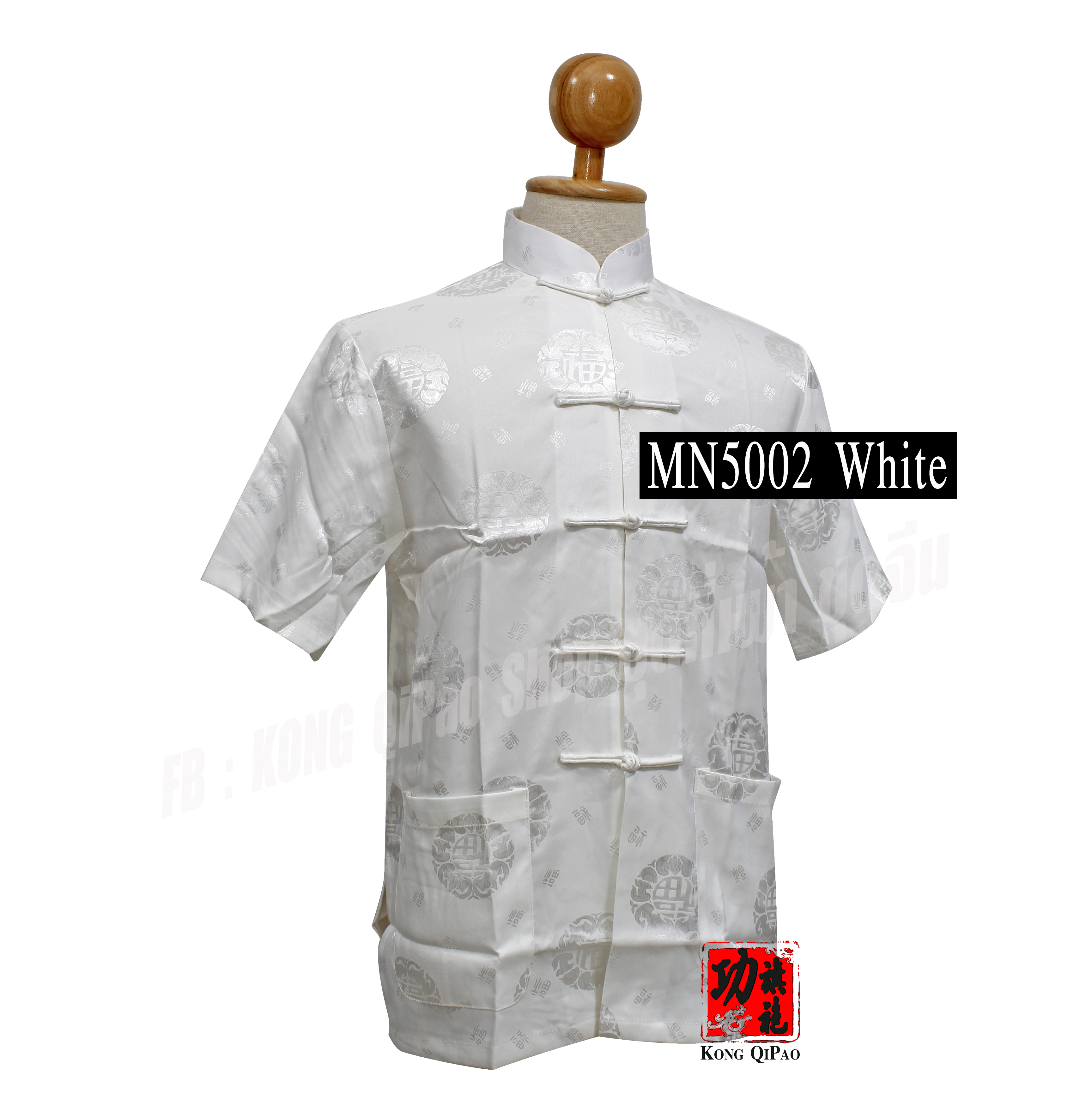 MN5002 เสื้อจีนแขนสั้น ลายค้างคาวนำโชค 福(ฝู,ฮก)