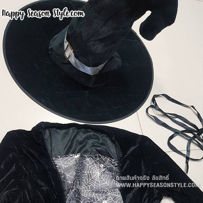 ชุดแม่มดยาว สีดำเทา มีหมวกแม่มด