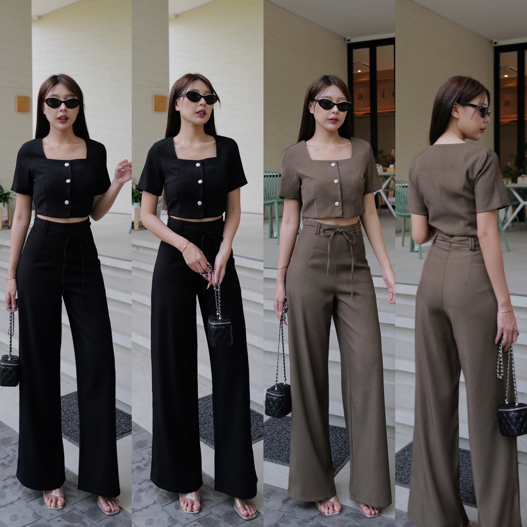#9752 ชุดเชต เสื้อแขนสั้นครอป กระดุมหน้าจริง มีซับใน + กางเกงขายาวชิปหลังมีสายเชือกให้1เส้น intuon