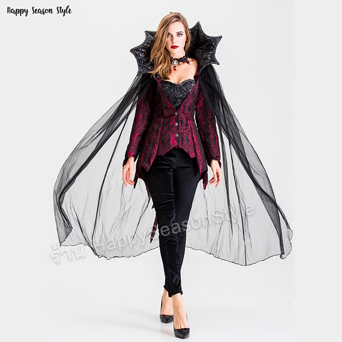 ชุดเจ้าแวมไพร์ ยุโรปคลาสสิค สีแดงไวน์ ปกตั้งแต่งลูกไม้ มีผ้าคลุมในตัว พร้อมเครื่องประดับหรู