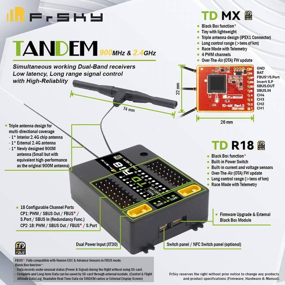 FrSky Receiver TD R18 2.4 GHz & 900MHz XT30 x2