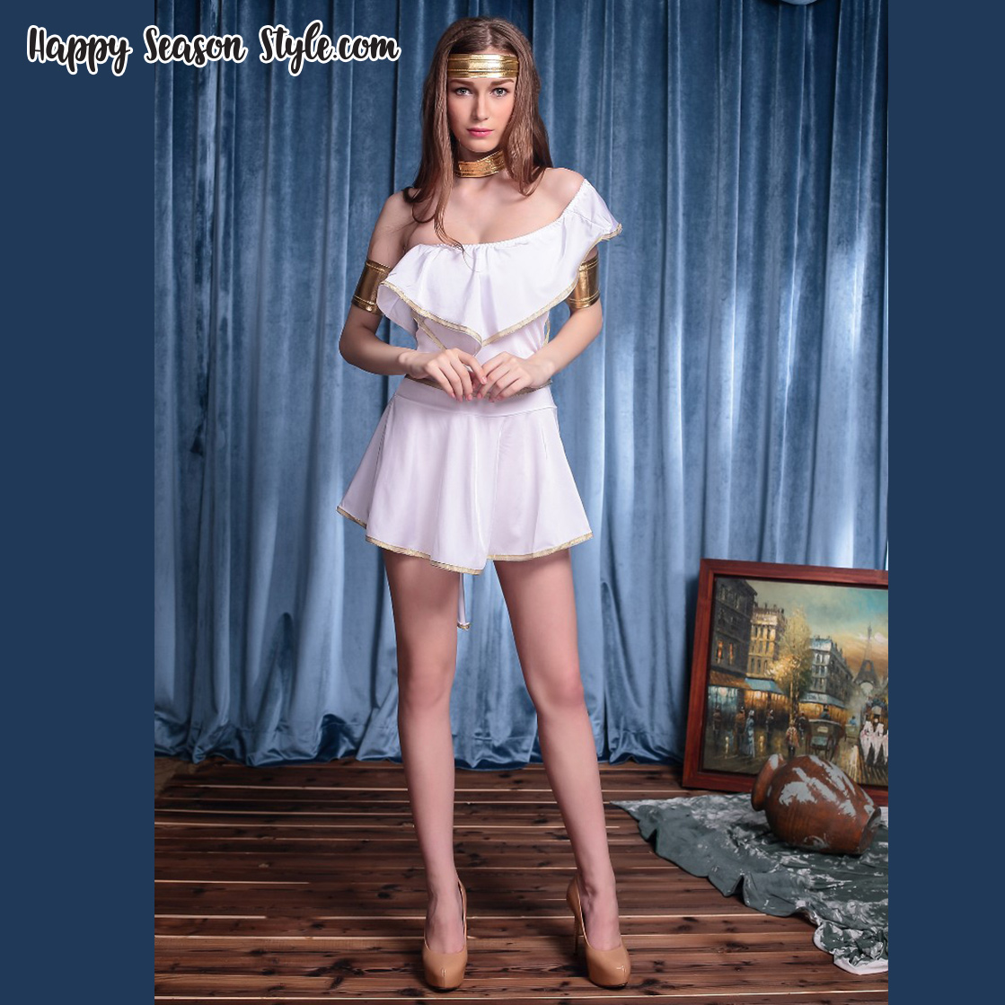 ชุดกรีก Greek สีขาวแขนเดี่ยวระบาย