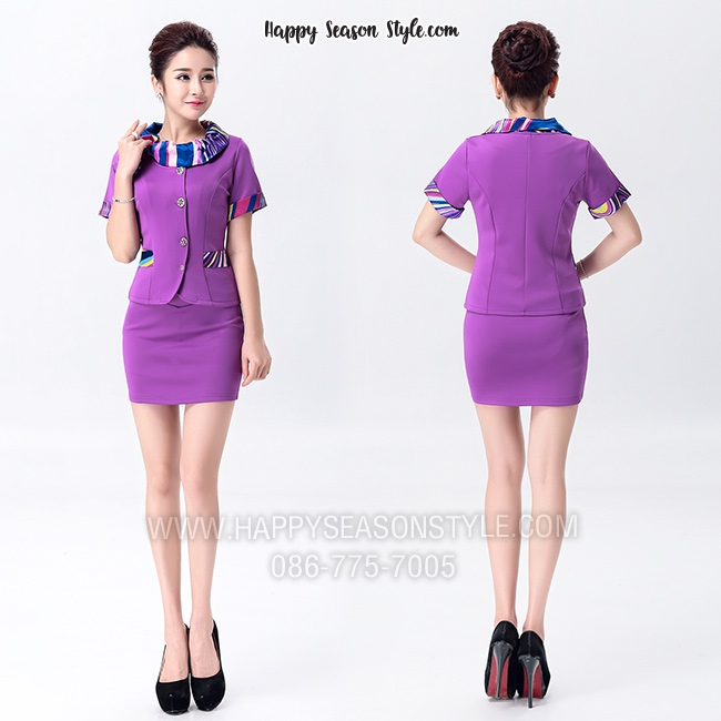 ชุดพนักงาน แอร์ ยูนิฟอร์ม ชุดอาชีพ สีม่วง ผ้าพันคอลายริ้ว