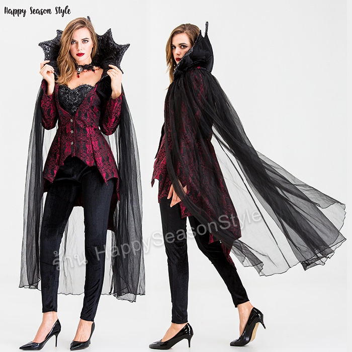 ชุดเจ้าแวมไพร์ ยุโรปคลาสสิค สีแดงไวน์ ปกตั้งแต่งลูกไม้ มีผ้าคลุมในตัว พร้อมเครื่องประดับหรู