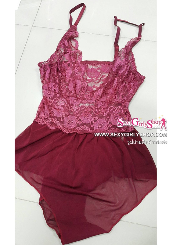 ชุดนอนไม่ได้นอน ชุดนอนซีทรู สีแดง เอี๊ยมลูกไม้