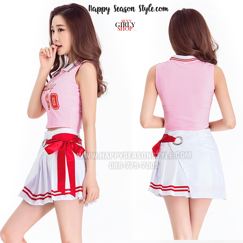 ชุดเชียร์ ชุดเชียร์ลีดเดอร์ ชุดเชียร์กีฬา ชมพู ปกโปโล แขนกุด กระดุมรูปหัวใจสีแดง กระโปรงขาว แนวเกาหลี ใส่ได้ 2 แบบ