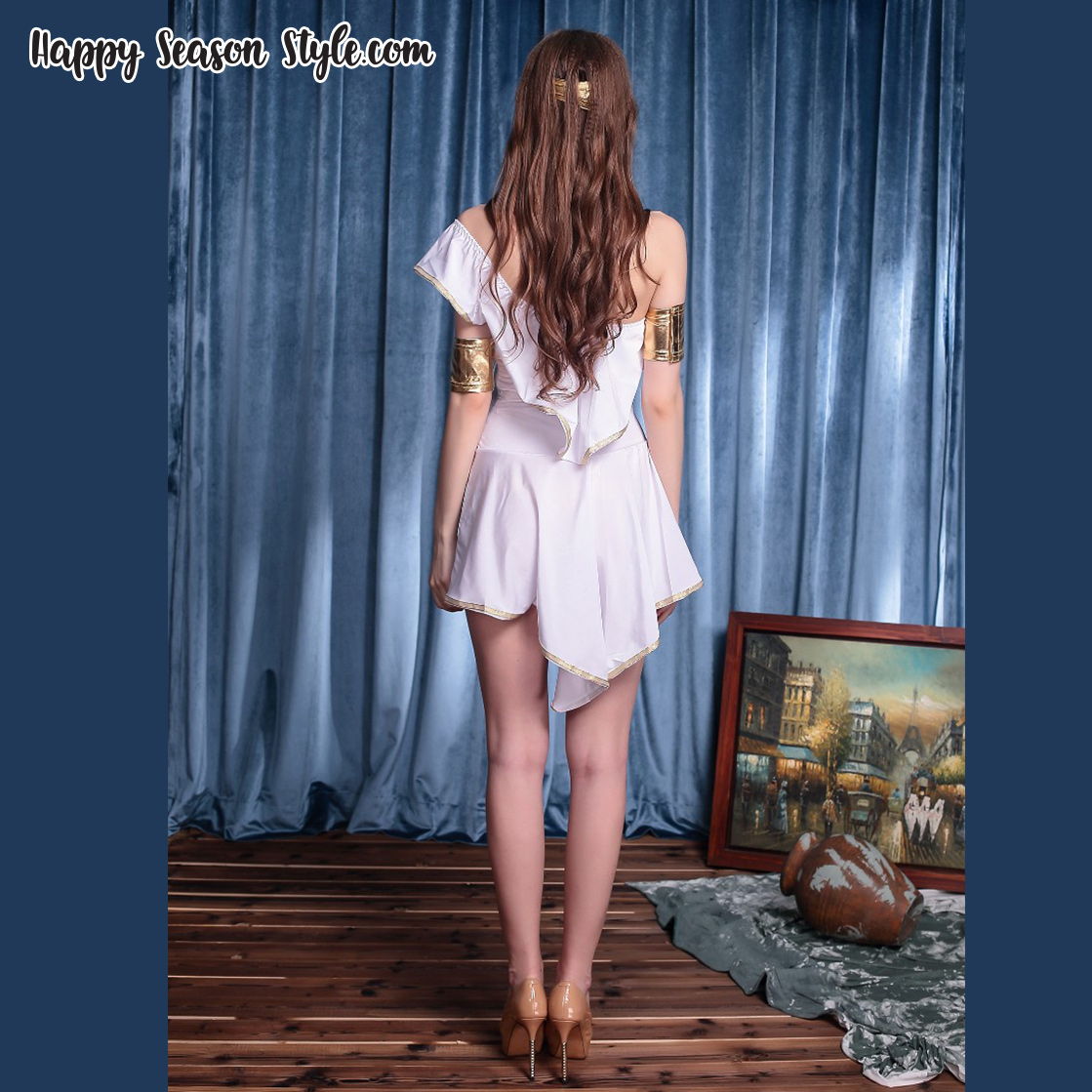 ชุดกรีก Greek สีขาวแขนเดี่ยวระบาย