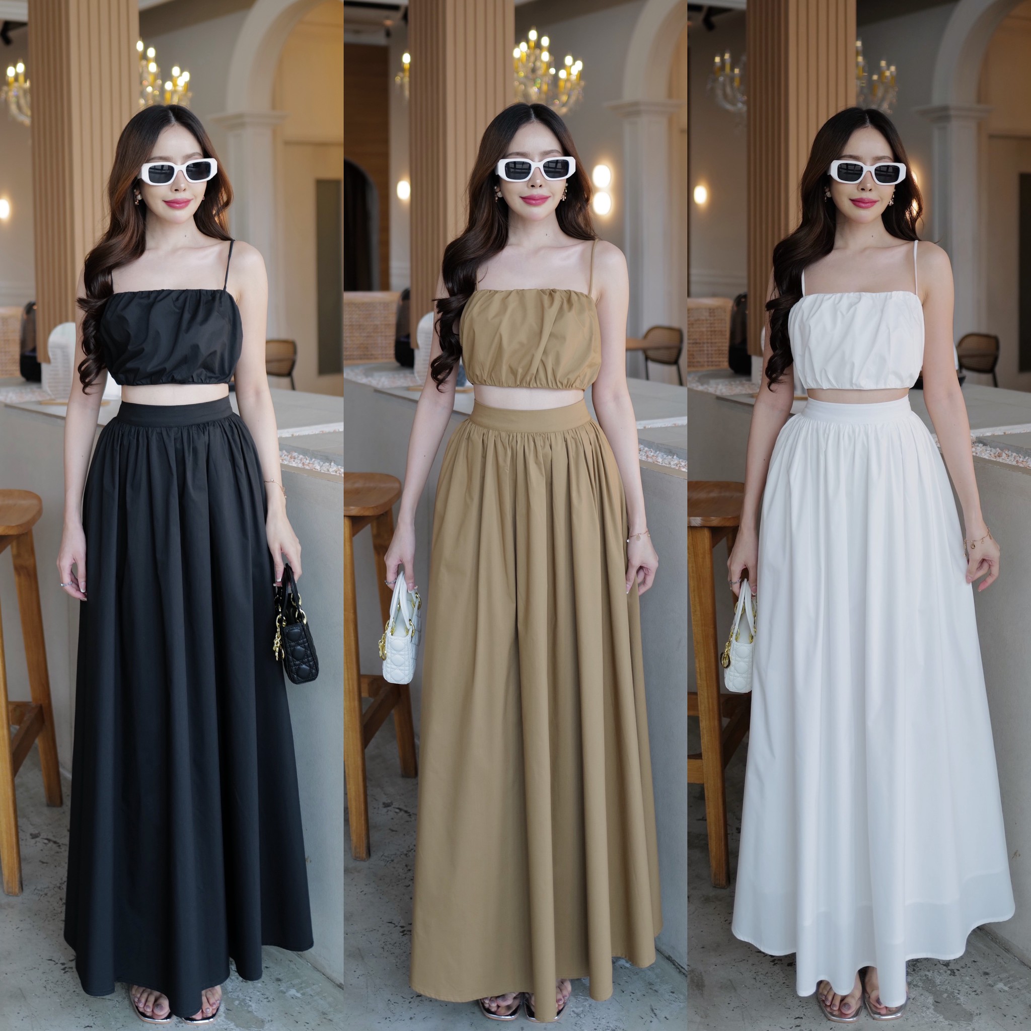 #5090HILOOK ชุดเชต เสื้อสายเดี่ยวครอปแต่งยับอกจับจีบ+กระโปรงยาวจับจีบรอบเอว