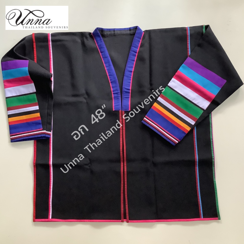เสื้อคลุมอาข่า akha jacket อก 48” ผ้าฝ้าย สไตล์ชนเผ่าอาข่า สีดำ แขนยาว งานผ้าใหม่ทั้งตัว