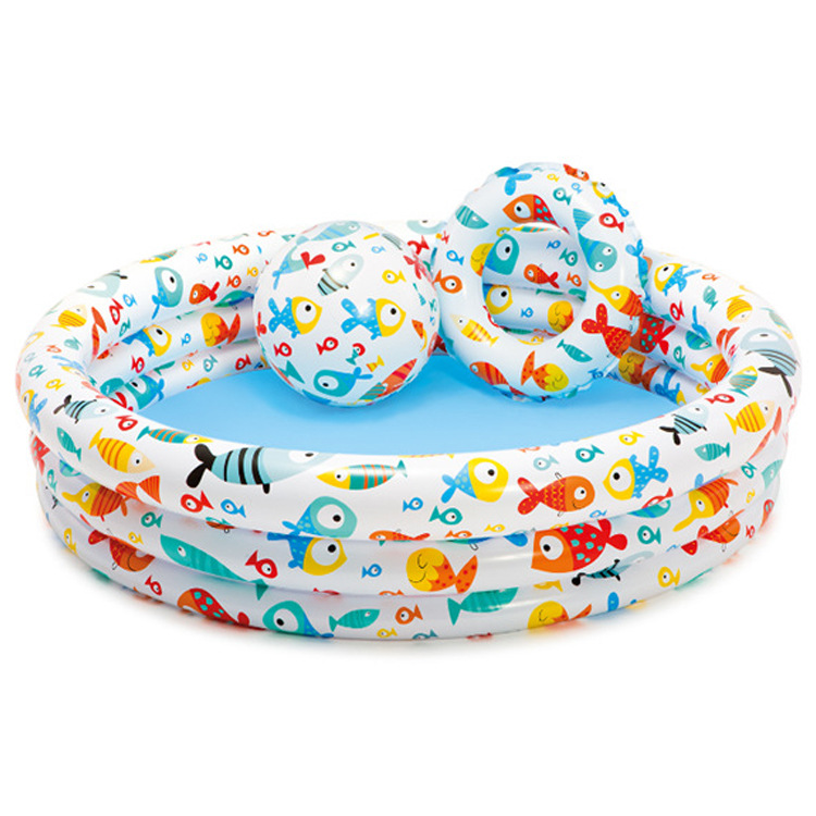 ชุดสระน้ำเด็ก พร้อมลูกบอลชายหาดและห่วงยาง ลายปลา Inflatable Baby Swimming Pool Set with Ring and Beach Ball