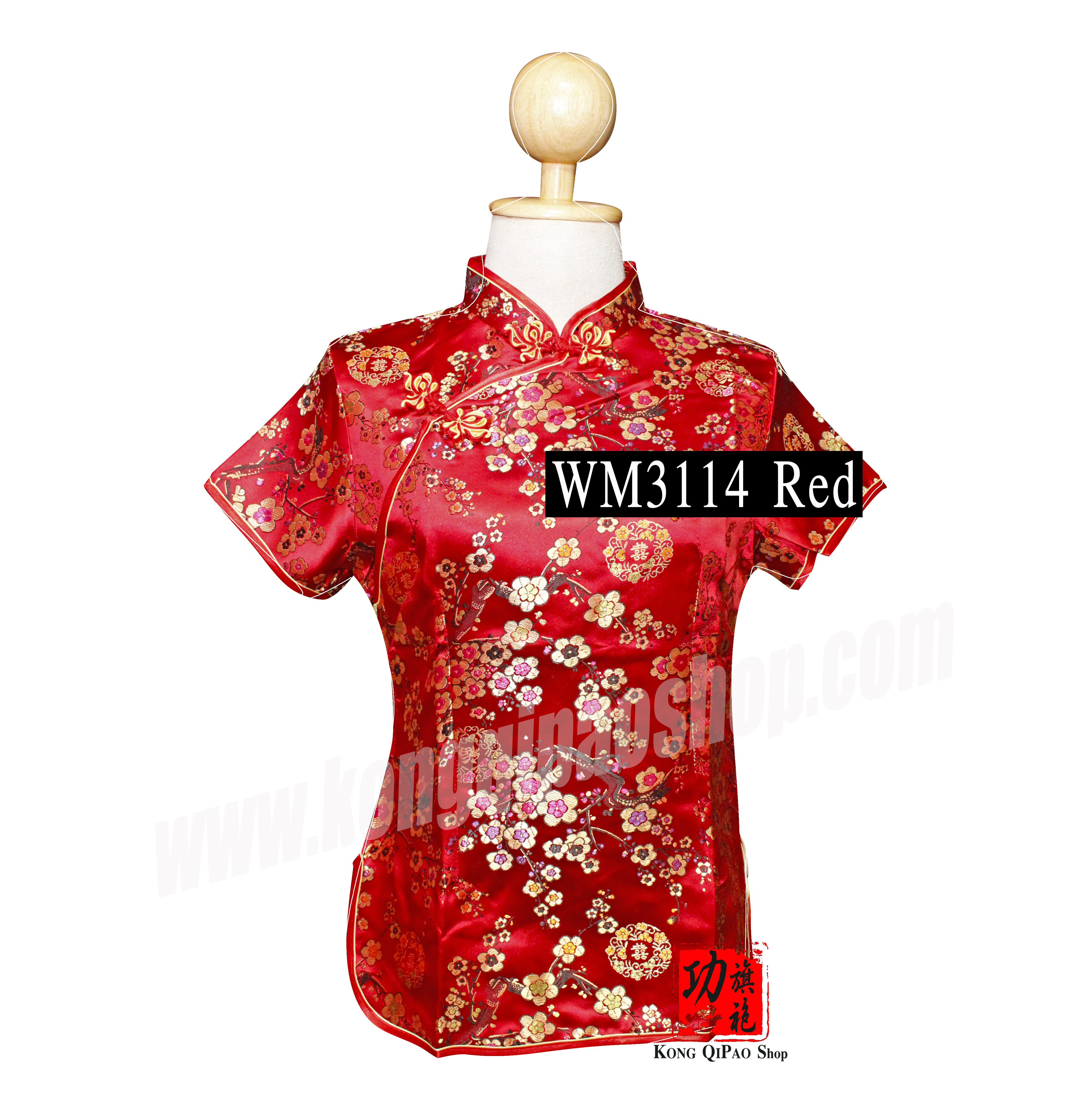WM3114 เสื้อจีนผู้หญิง คอเฉียง ลายดอกเหมยซังฮี้ 囍 (双喜)