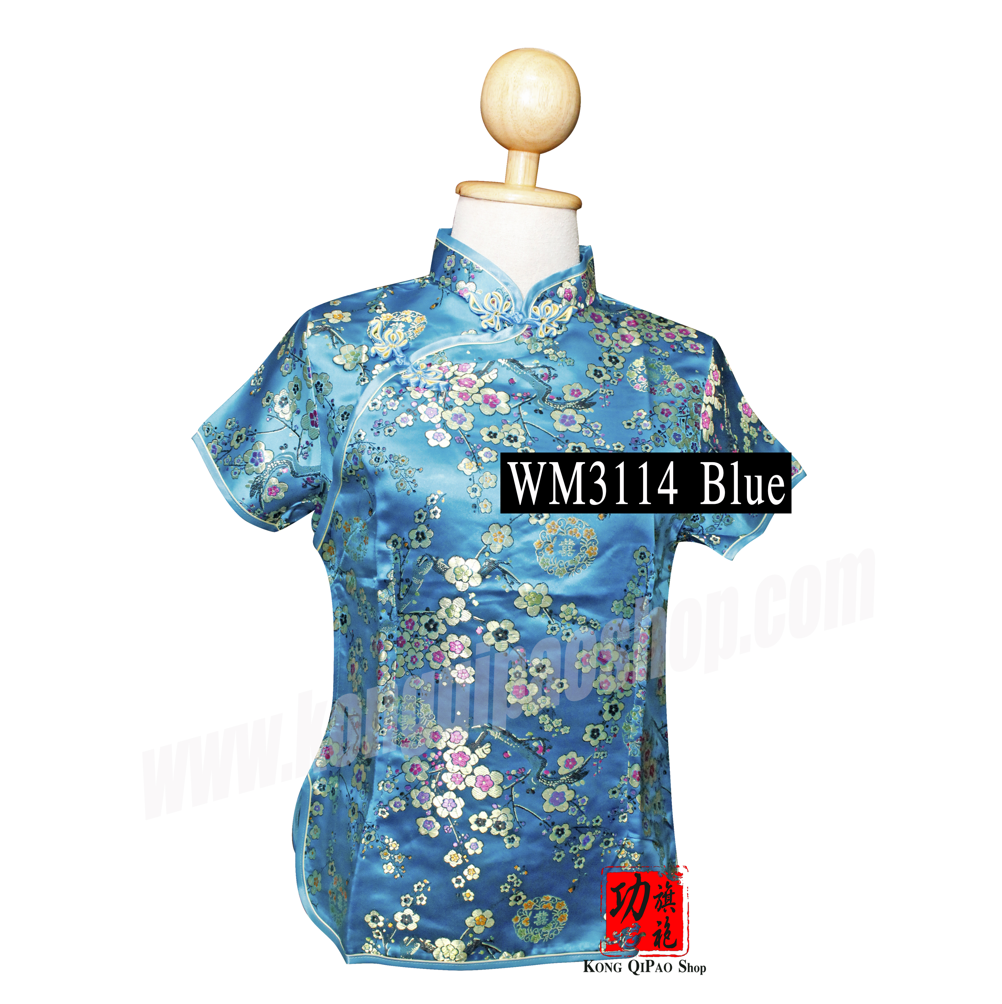 WM3114 เสื้อจีนผู้หญิง คอเฉียง ลายดอกเหมยซังฮี้ 囍 (双喜)