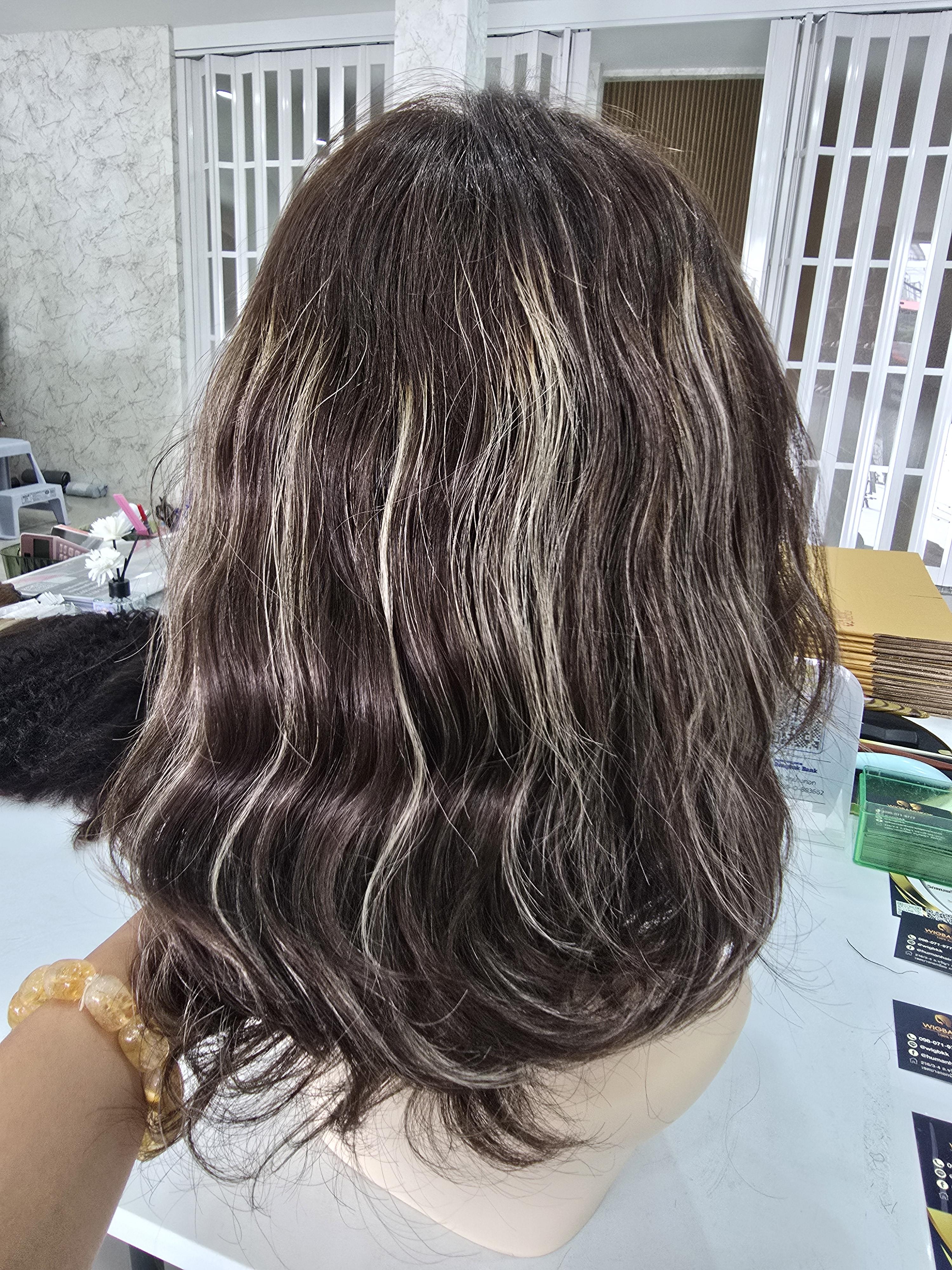 วิกผมแท้ทอมือ งานพรีเมี่ยม เสยแสกเนียนมาก ไม่ต้องใช้กาว สีน้ำตาลไฮไลท์ Premium Human Hair Jewish Wig