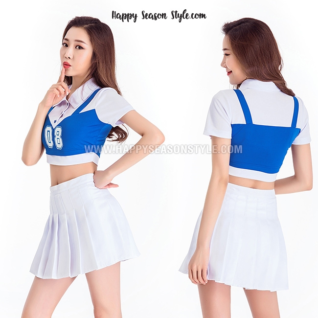 ชุดเชียร์ ชุดเชียร์ลีดเดอร์ ชุดเชียร์กีฬา เสื้อต่อช่วงตัวสีน้ำเงิน กระโปรงขาว แนวเกาหลี วง WJSN เพลง HAPPY MOMENT
