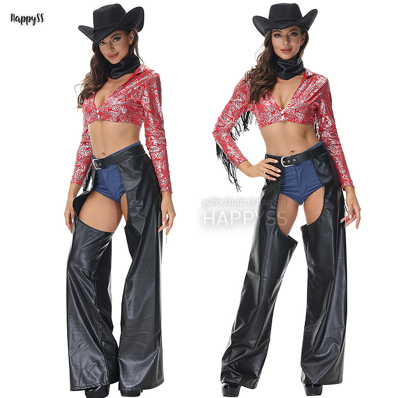 ชุดคาวบอย คาวเกิร์ล สุดแซ่บ เสื้อสีแดงและกางเกงหนัง พร้อมหมวกคาวบอยสีดำ 🏍️💨💨 ส่งไวจากไทย