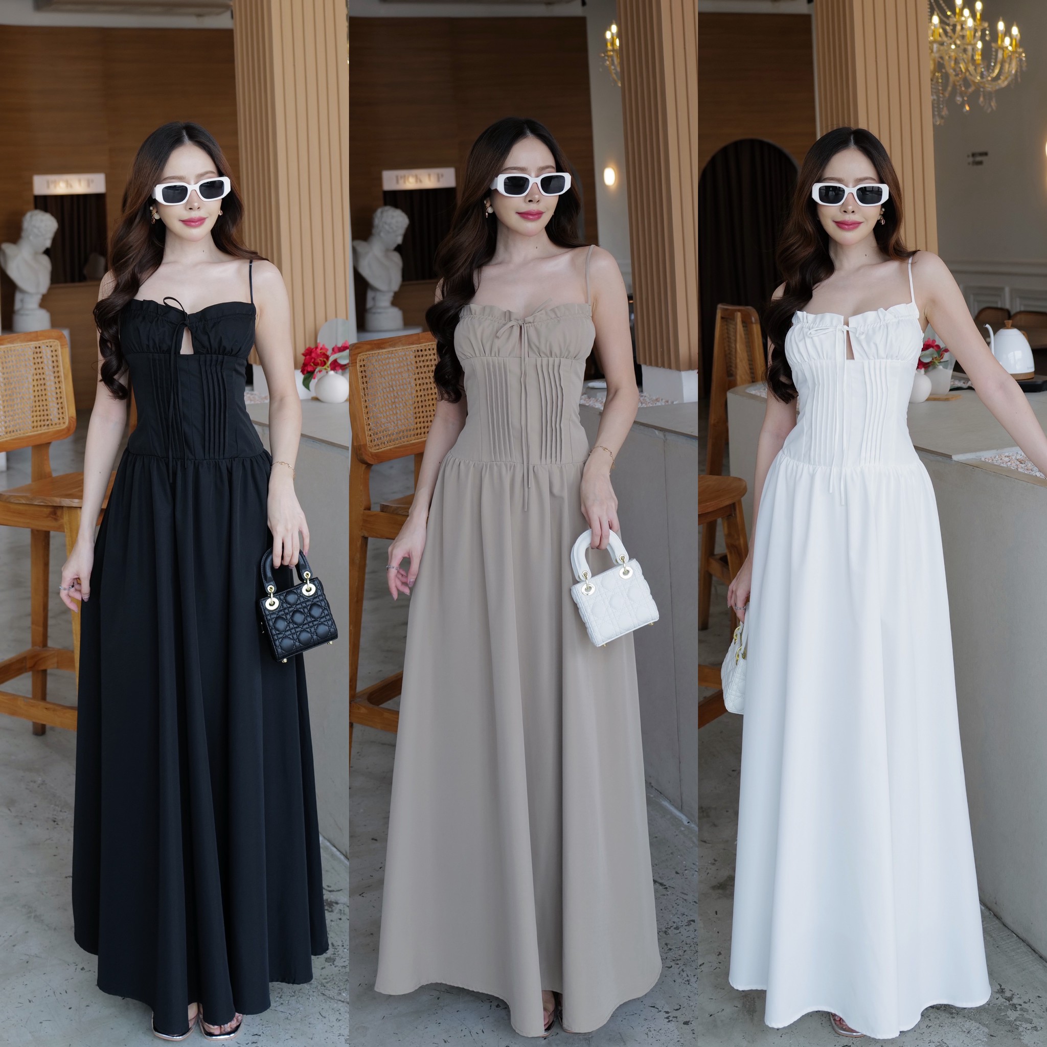#9861 HILOOK เดรสสายเดี่ยวยาว จับจีบตรงเต้าอก และแต่จีบเส่นๆช่วงเอวทำให้เอวเอสและเข้ารูป