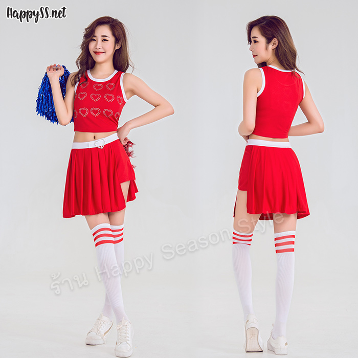 ชุดเชียร์ ชุดเชียร์ลีดเดอร์ ชุดเชียร์กีฬาสีแดง ลายหัวใจ ขอบขาว
