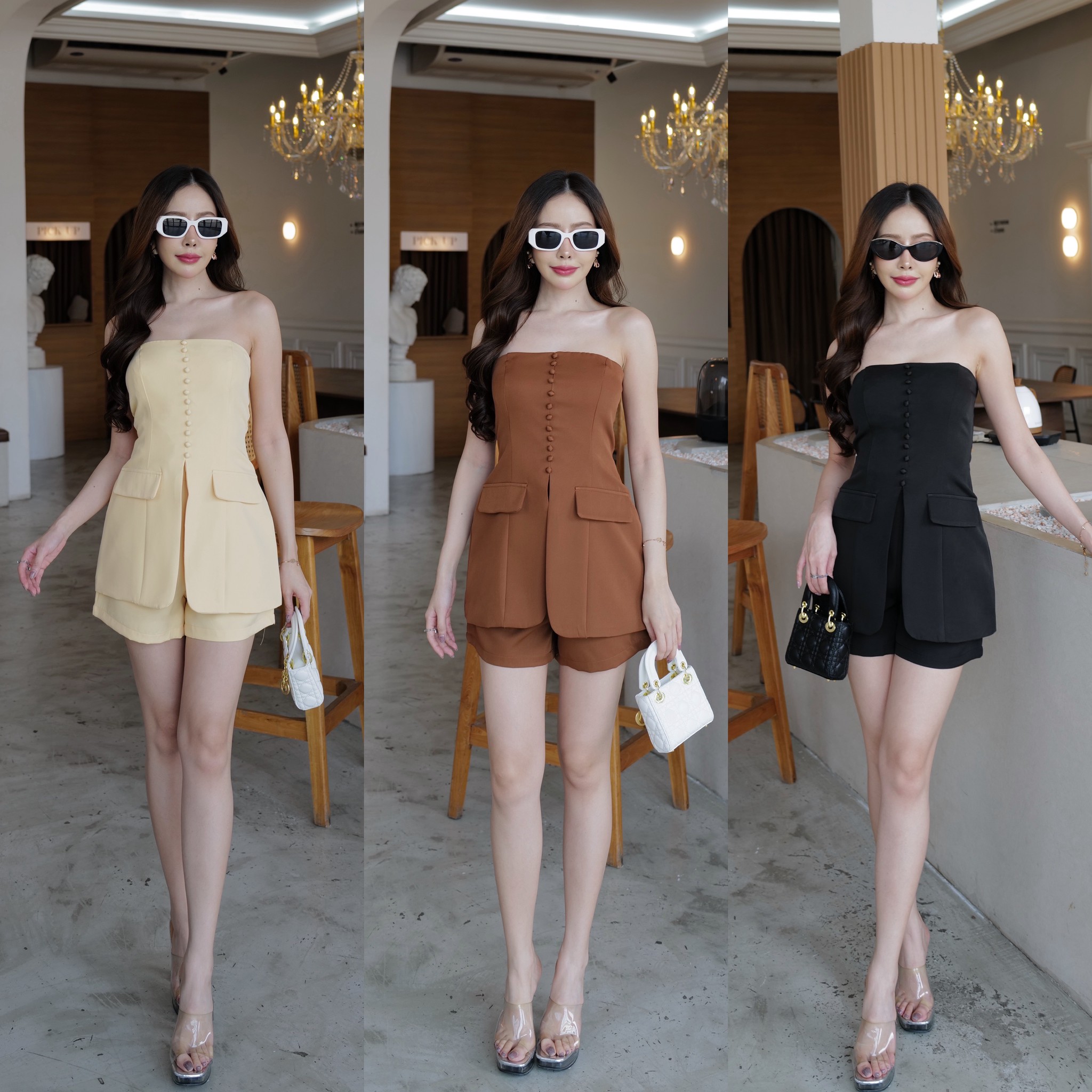 #5038 HILOOK ชุดเชต เกาะอก แต่งกระดุมหลอก ชิปหลัง มีกันลื่น ผ่าหน้า +กางเกงขาสั้น