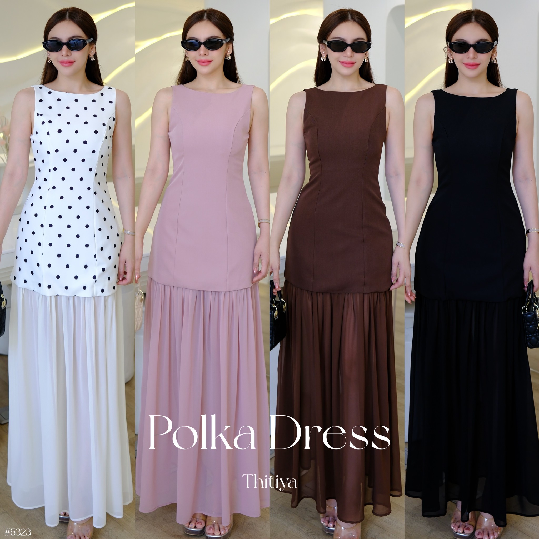 #5323 Polka Dress เดรสยาวสองเลเยเยอร์สไตล์ผู้ดี แบบทำถึง เนื้อผ้าพรีเมี่ยมทั้งชุด thitiya