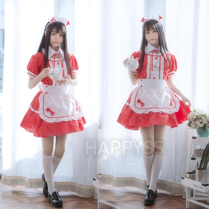 ชุดเมด maid ชุดสาวเสิร์ฟ รุ่นมีปกแยก มีไซส์ S-5XL พลัสไซส์ มีสีดำ สีแดง ส่งจากไทย