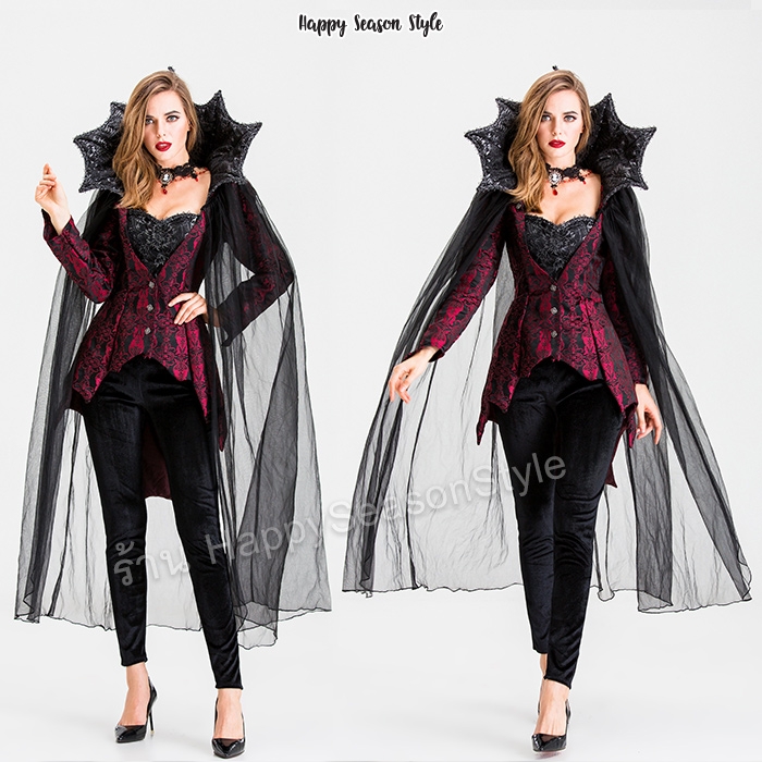 ชุดเจ้าแวมไพร์ ยุโรปคลาสสิค สีแดงไวน์ ปกตั้งแต่งลูกไม้ มีผ้าคลุมในตัว พร้อมเครื่องประดับหรู