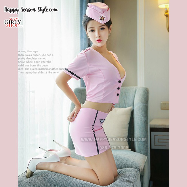 ชุดพนักงาน ชุดแอร์ ชุดยูนิฟอร์ม ชุดพนักงานต้อนรับ ชุดแอร์สีชมพู เอวลอย พร้อมหมวก