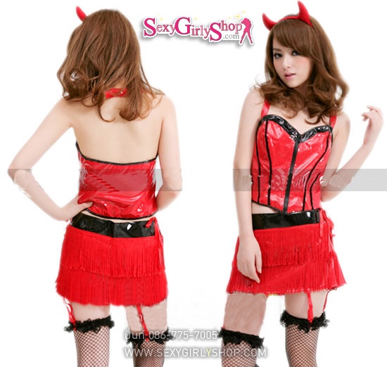 ชุดเดวิลสีแดง เกาะอกหนังผูกคอ กระโปรงหนังมีพู่ระบาย+เขาเดวิล