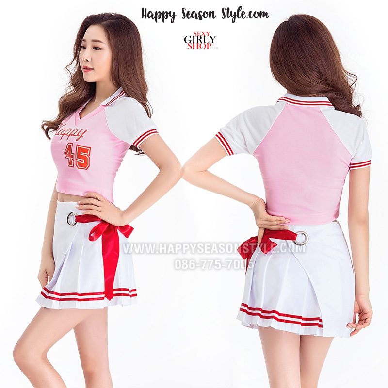 ชุดเชียร์ เชียร์ลีดเดอร์ ชุดเชียร์กีฬา สีชมพู ปกโปโล แขนขาว กระโปรงขาว แนวเกาหลี ใส่ได้ 2 แบบ