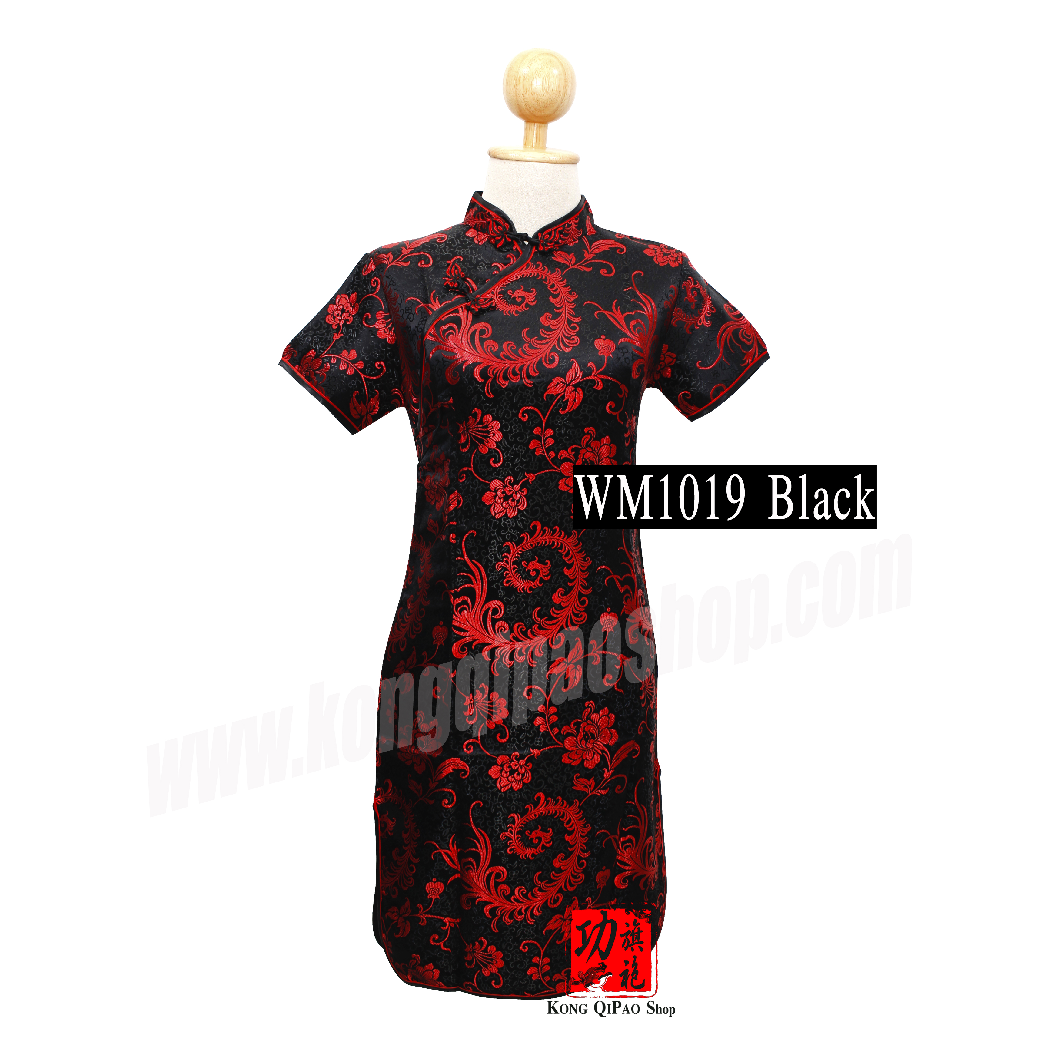 WM1019 กี่เพ้าสั้นผู้หญิง ลายดอกโบตั๋นเลื้อย