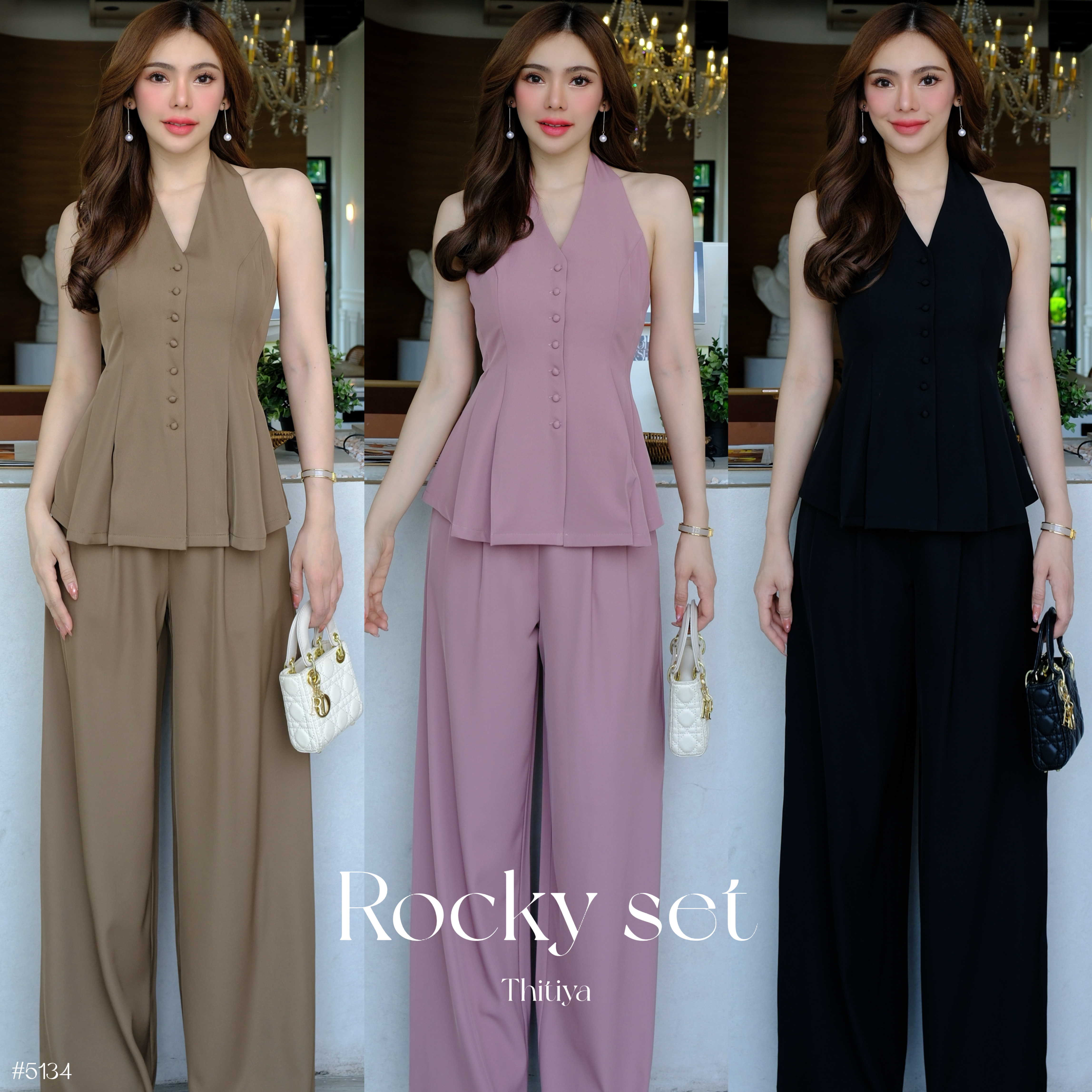#5134 Rocky Set เซ็ตเสื้อคล้องคอและกางเกงขายาวเอวสูง เสื้อซับในอย่างดี กางเกงขายาว thitiya