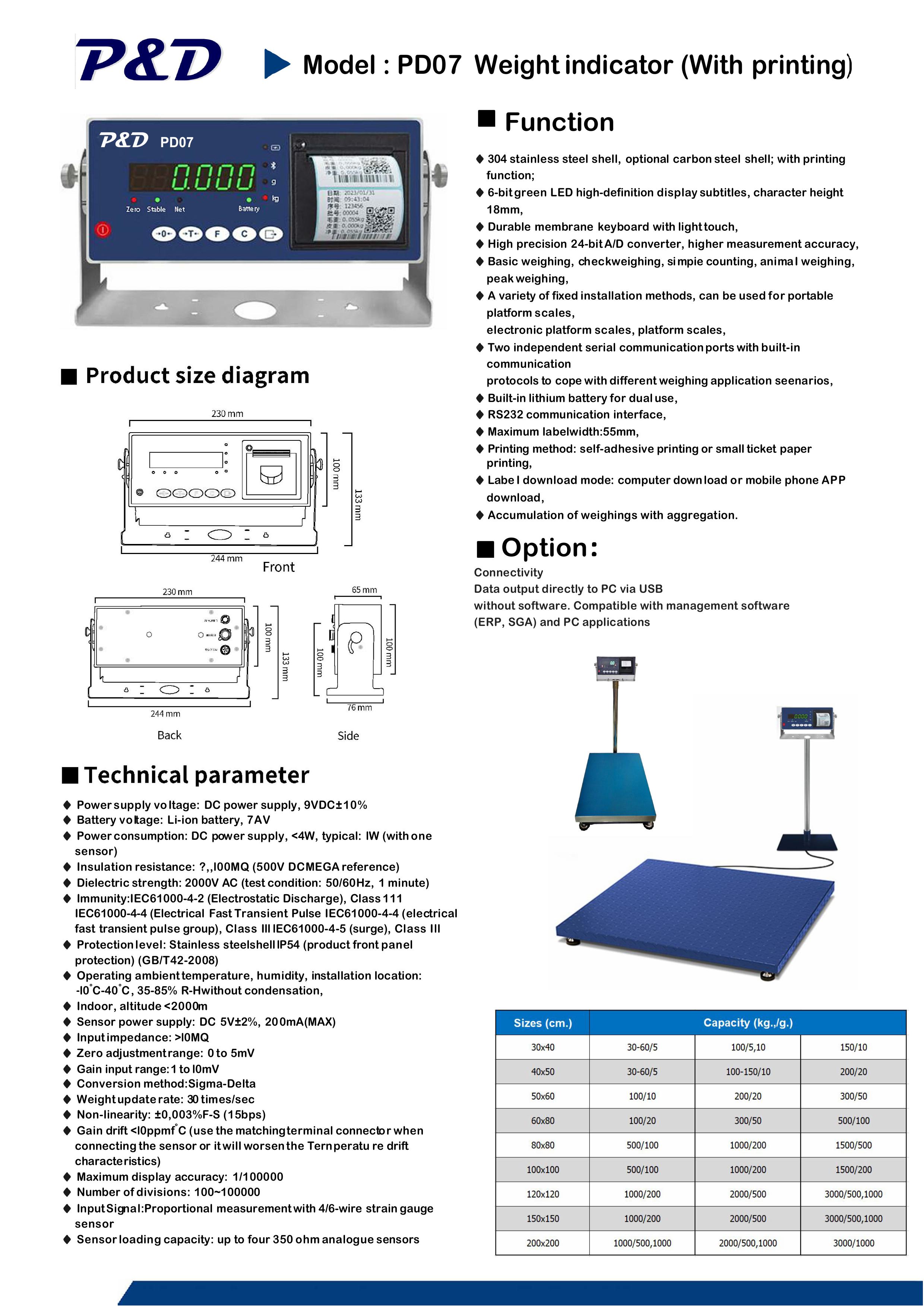 เครื่องชั่งดิจิตอล 2000 kg. ค่าละเอียด 500 g. แท่นชั่ง 120x120 cm. (พิมพ์กระดาษความร้อน / สติกเกอร์)