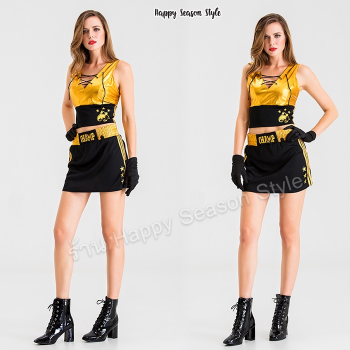 ชุดนักมวย Champ Fight 10 สีทอง ดำ พร้อมผ้าคลุม