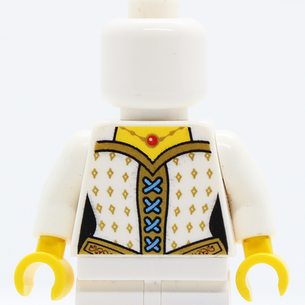 Castle Female Corset with Gold Diamonds, Blue Laces, Gold Belt and Necklace with Red Round Jewel Pattern / White Arms / Yellow Hands