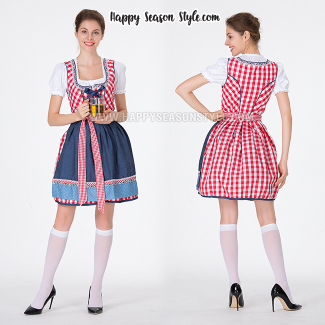 ชุดแฟนซี Oktoberfest Beer ชุดประจำชาติ เยอรมัน เนเธอร์แลนด์ ชุดเชียร์เบียร์ ชุดบาวาเรียน ชุดเมด ลายสก๊อตเล็ก ผ้ากันเปื้อนน้ำเงิน