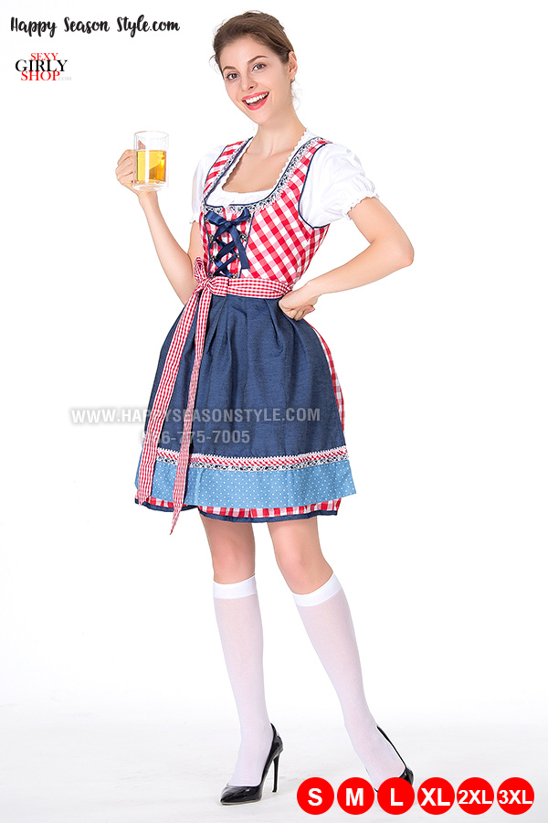 ชุดแฟนซี Oktoberfest Beer ชุดประจำชาติ เยอรมัน เนเธอร์แลนด์ ชุดเชียร์เบียร์ ชุดบาวาเรียน ชุดเมด ลายสก๊อตเล็ก ผ้ากันเปื้อนน้ำเงิน