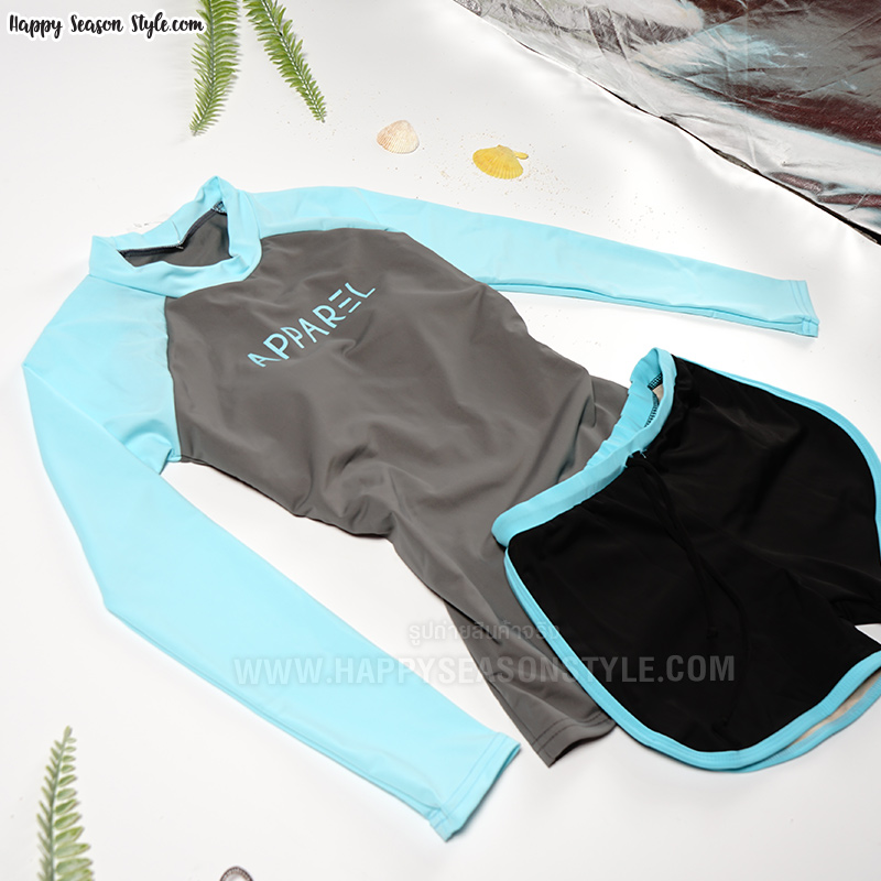 ชุดว่ายน้ำ ทูพีช แยกชิ้น เสื้อแขนยาว กางเกงขาสั้น สีเทาอ่อน-ฟ้า