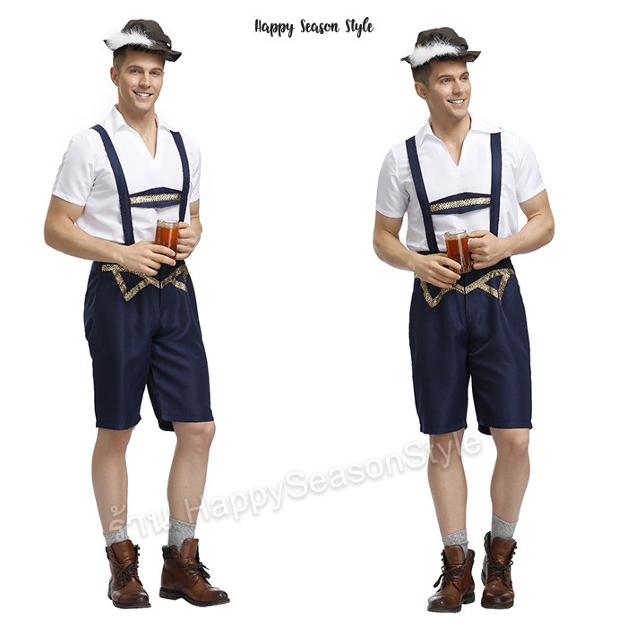 ชุดบาวาเรียน ผู้ชาย เอี๊ยม สีน้ำเงิน พร้อมหมวก ชุดประจำชาติเยอรมัน เนเธอแลนด์ ยุโรป ส่งจากไทย