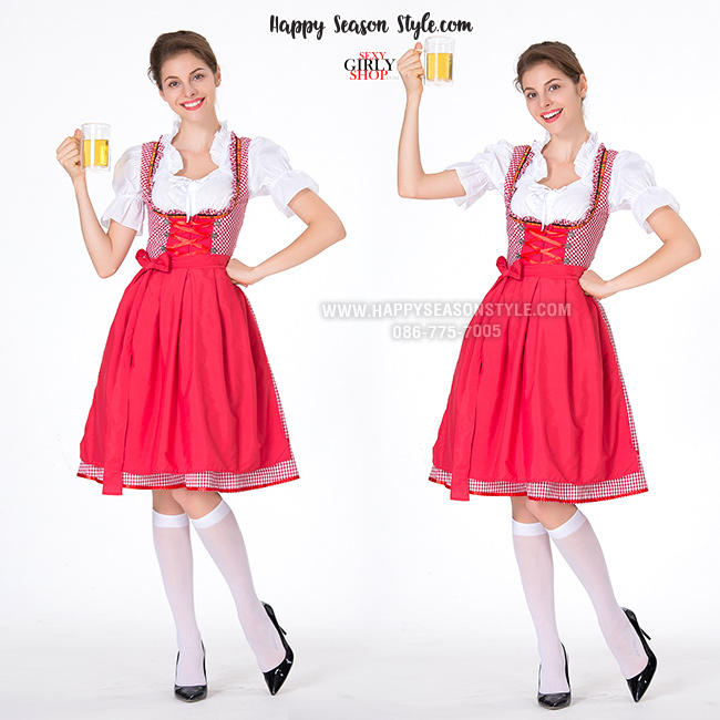 ชุดเมด ชุดสาวเสิร์ฟ เทศกาลเบียร์ ชุดเมด ชุดสาวเสิร์ฟ ขาวแดง กระโปรงสองชั้น